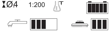 The control panel display in detergent ratio programming mode, showing 1:200 with the detergent flask icon, an hourglass icon and a 0.4 reading at the left, squeegee and brush icons, a battery gauge and two other bar gauges