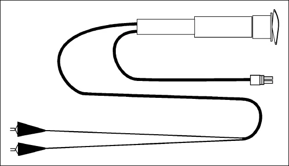 Drawing of the actuator power cord adapter, p/n 56407502: a cord with a plug end, a rocker switch and two alligator clips.