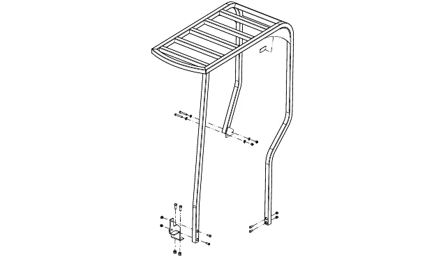 Exploded drawing of the overhead guard frame with its mounting brackets and fasteners