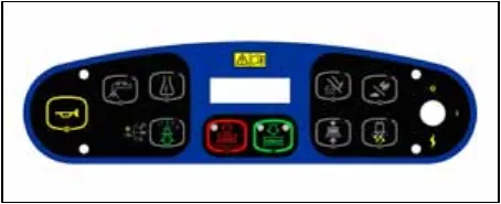 Photo of the A3 switch and display panel: horn button, solution, detergent and EcoFlex buttons, display window, red scrub off and green scrub on buttons, vacuum/wand, scrub speed, side broom and traction control buttons