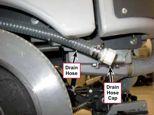 Photo of the left rear tire area with callouts for the Drain Hose and the Drain Hose Cap