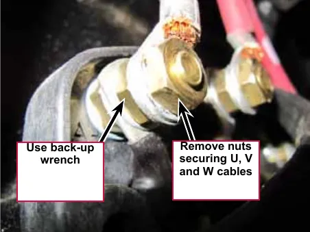 Close-up photo of a motor terminal stud; arrows point to the nut securing the cable to remove and to the nut behind it where the back-up wrench goes