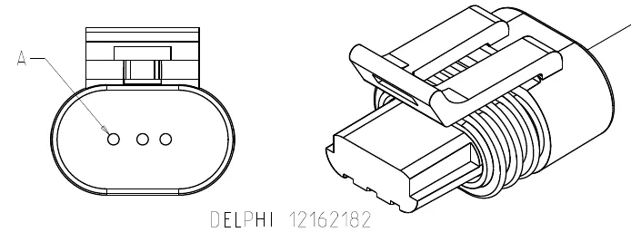 Three-pin Delphi 12162182 connector, end view with pin A marked and an angled view