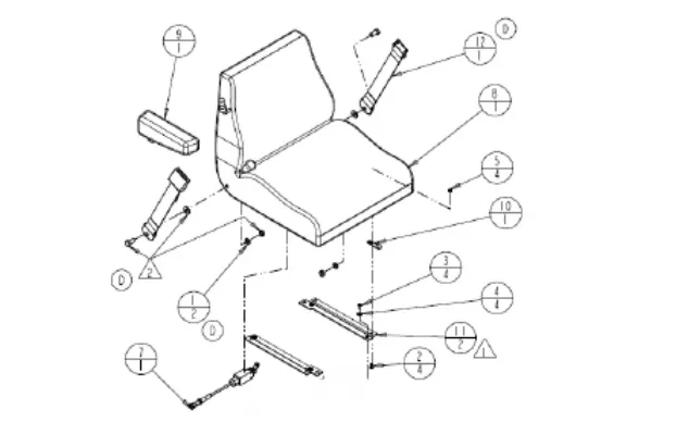 Exploded drawing of the deluxe Grammer seat with armrest, seat belt, slides and numbered callouts