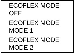 Display menu with three entries: ECOFLEX MODE OFF, ECOFLEX MODE MODE 1 and ECOFLEX MODE MODE 2