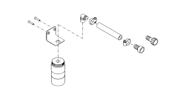 Exploded drawing of the solution auto-fill kit with its mounting bracket, hose, clamps, fittings, screws and a cylindrical body (no label printed)