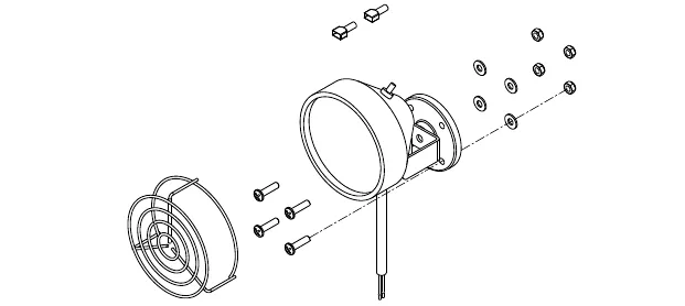 Exploded drawing of the headlight with its lamp housing, mounting bracket, guard, screws, washers, nuts and wire terminals
