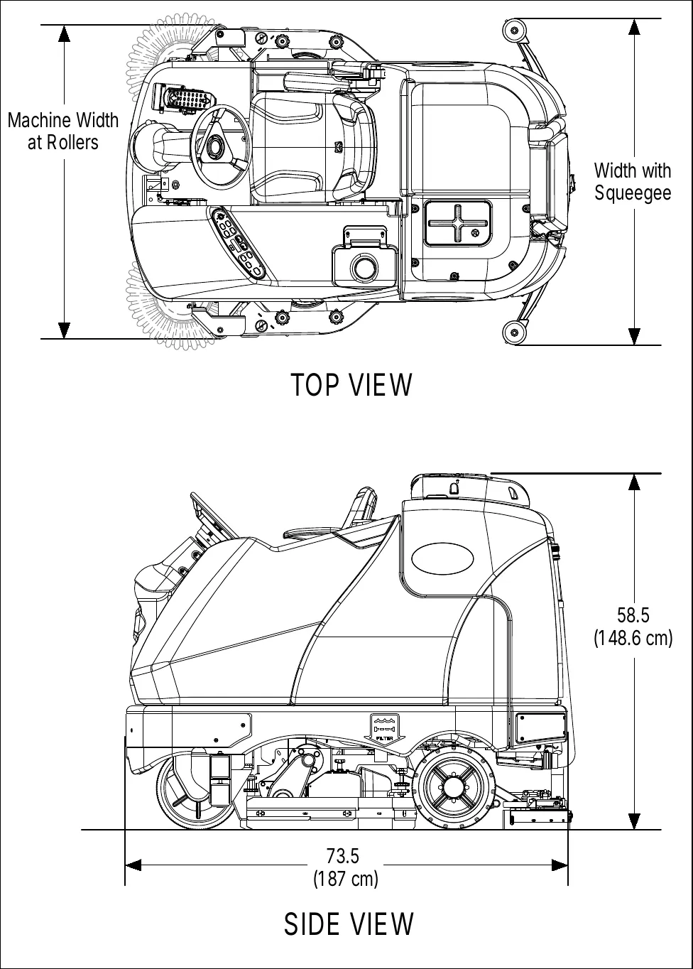 Dimension drawing of the machine in top view and side view. Top view shows Machine Width at Rollers and Width with Squeegee. Side view shows height 58.5 in (148.6 cm) and length 73.5 in (187 cm)