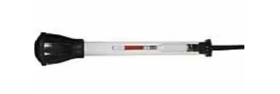 A typical battery hydrometer: a clear glass tube with a black rubber bulb at one end and a tube/cable at the other