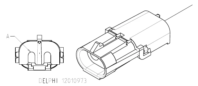 Two-pin Delphi 12010973 connector, end view with pin A marked and an angled view