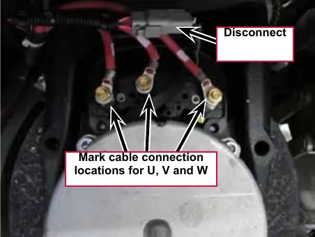 Photo of the motor cable connections; arrows point to the three U, V and W cable connection points to mark and to the small motor sensor connector to disconnect
