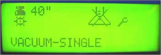 Monitor mode display (green LCD): 40 inch deck size, three small status icons including a wrench, and the text VACUUM-SINGLE