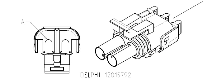 Two-pin Delphi connector 12015792: an end view with pin A marked and a side view
