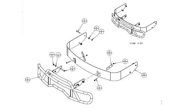 Exploded drawing of the tube bumper kit with numbered callouts for the bumper, tube guard, brackets and fasteners