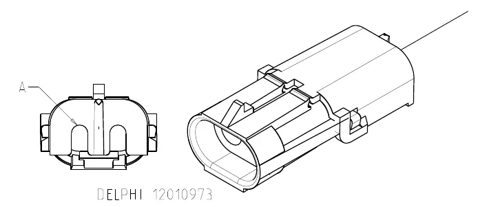 Two-pin Delphi connector 12010973: an end view with pin A marked and a side view