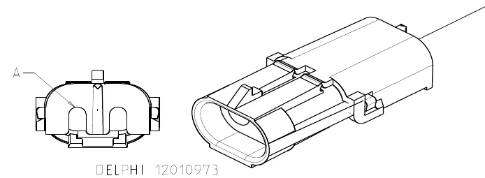 Two-pin Delphi connector 12010973: an end view with pin A marked and a side view