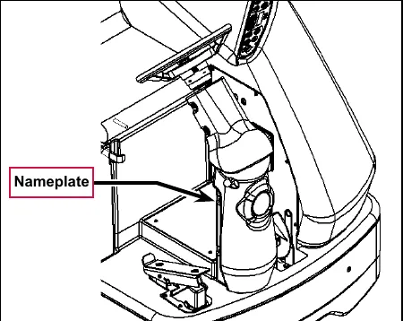 Drawing of the steering column seen from behind with a callout labeled Nameplate pointing to the rear of the column
