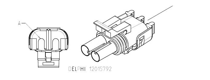 Two-pin Delphi connector 12015792: an end view with pin A marked and a side view