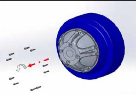 Exploded drawing of the wheel and tire with the drive wheel hub and its 10 perimeter fasteners shown pulled out to the side