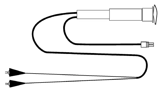 Drawing of the actuator power cord adapter: a cable with a rocker switch housing and a motor connector at one end, and two alligator clips at the other end