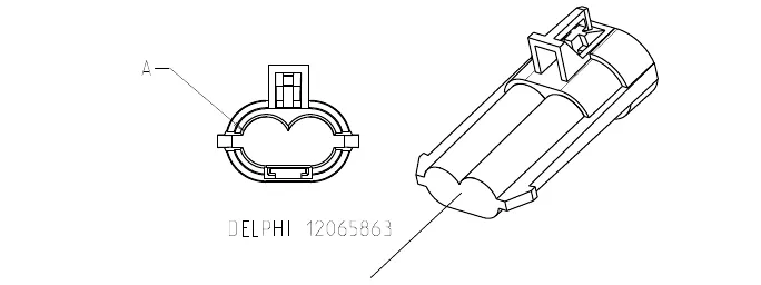 Two-pin Delphi 12065863 connector, end view with pin A marked and an angled view