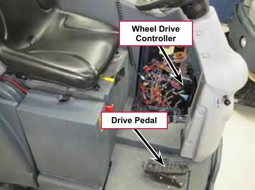 Photo of the operator area with callouts for the Wheel Drive Controller and the Drive Pedal