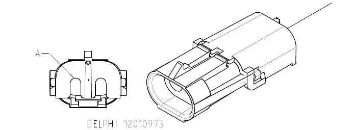 Two-pin Delphi connector 12010973: an end view with pin A marked and a side view