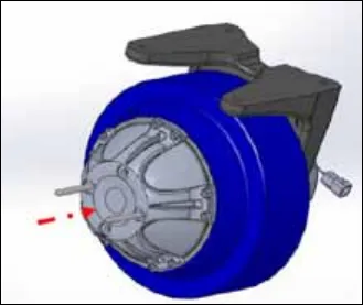 Drawing of the wheel and tire being slid over the alignment pins onto the gearbox hub, with a red arrow showing the direction