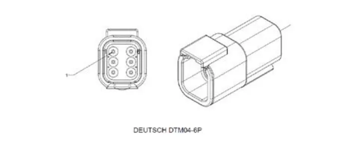 Six-pin Deutsch DTM04-6P connector, end view with pin 1 marked and an angled view