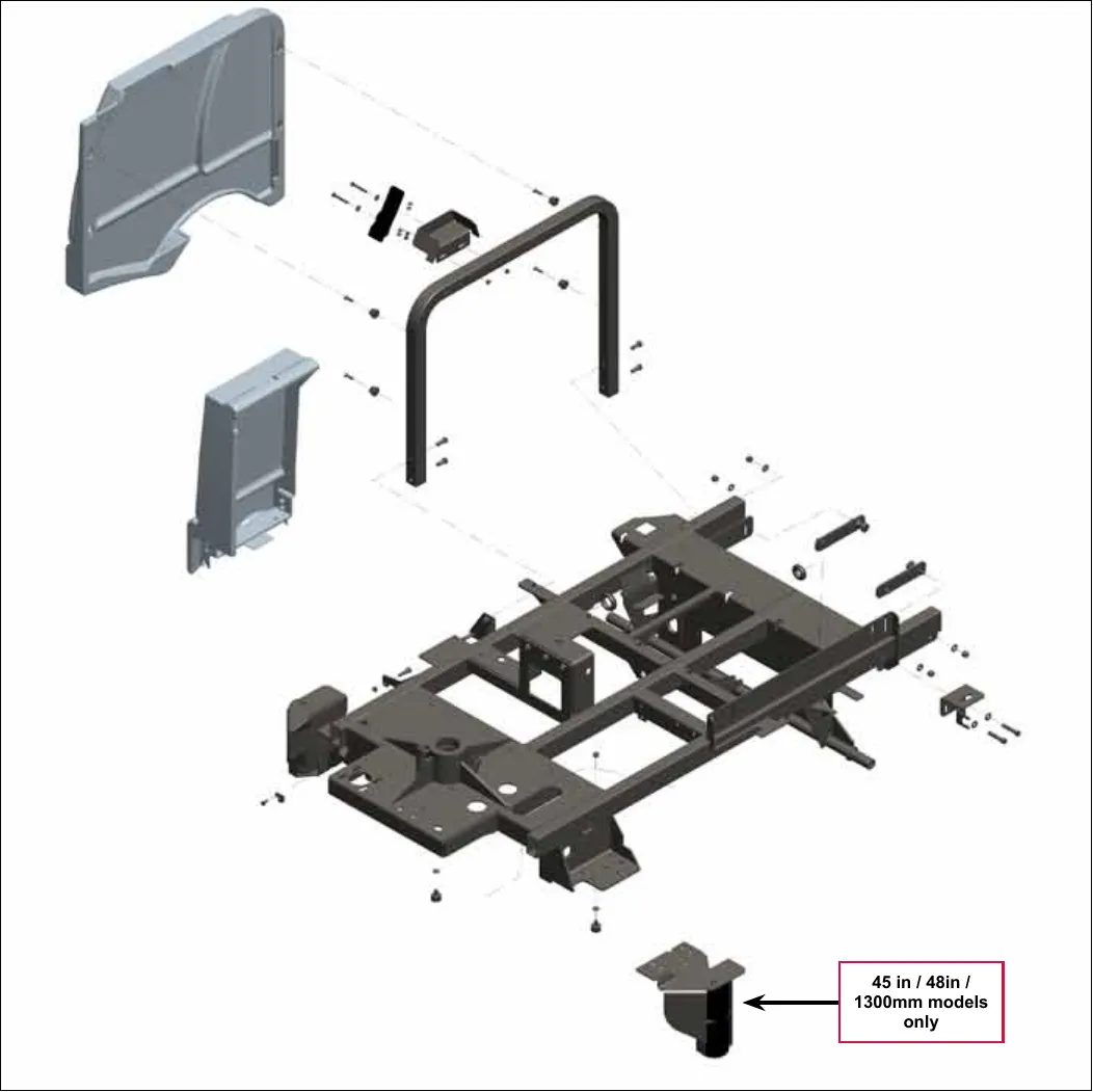 Exploded view of the chassis: frame weldment with side panels, a tubular hoop, brackets and fasteners. A part at the bottom is called out as 45 in / 48 in / 1300mm models only