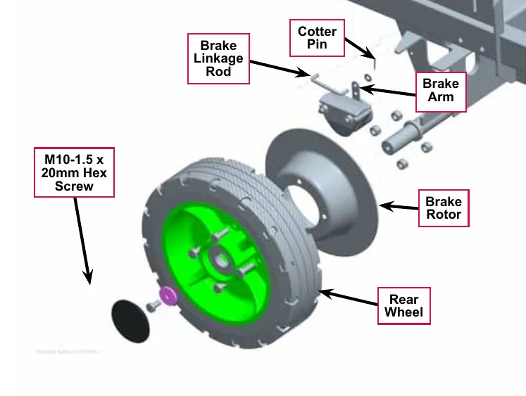 Exploded drawing of the rear wheel, brake rotor, brake arm and brake linkage rod, with callouts for the Cotter Pin, Brake Linkage Rod, Brake Arm, Brake Rotor, Rear Wheel and the M10-1.5 x 20mm Hex Screw