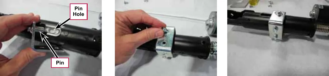 Three photos of installing the nut retainers: the pin and pin hole labeled, a retainer being fastened with a screw, and the retainer secured around the housing