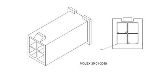 Four-pin Molex 39-01-3049 connector, angled view and end view with pin 1 marked