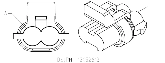 Two-pin Delphi 12052613 connector, end view with pin A marked and an angled view