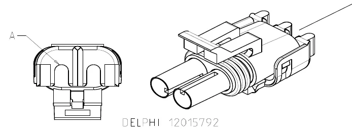 Two-pin Delphi connector 12015792: an end view with pin A marked and a side view