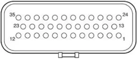 Pin layout of the 35-pin connector seen from the wire side: bottom row pins 1 to 12 running right to left, middle row 13 to 23, top row 24 to 35, with a latch tab at the bottom