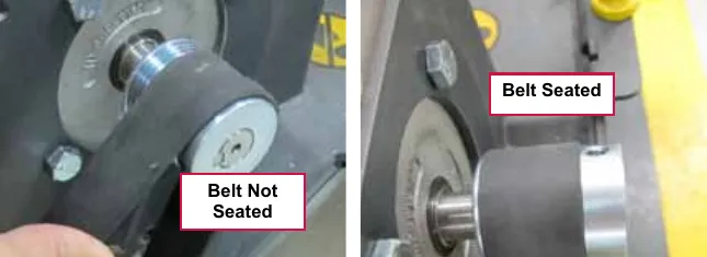 Two photos of the belt on the pulley: the left labeled Belt Not Seated and the right labeled Belt Seated