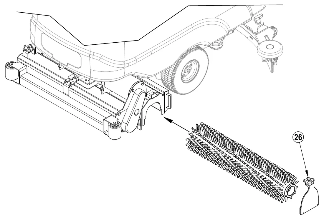 Rear side view of the cylindrical scrub deck with the idler assembly (26) removed from its knob end and a cylindrical brush shown sliding into the brush housing along an arrow