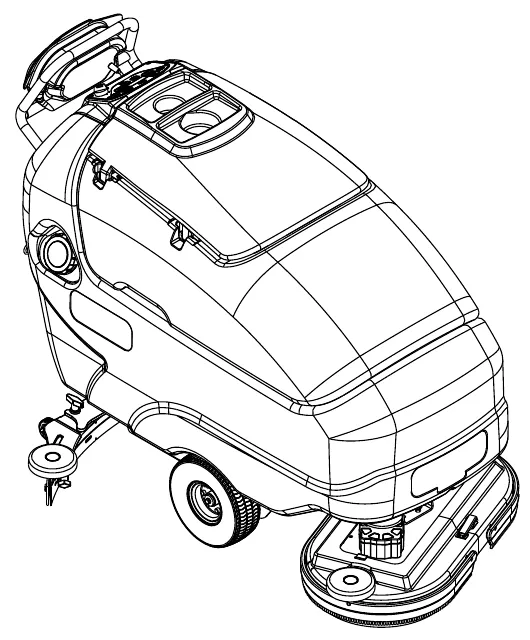 Line drawing of an Advance walk-behind battery scrubber seen from the front left, with the operator handle at the back and the scrub deck at the front