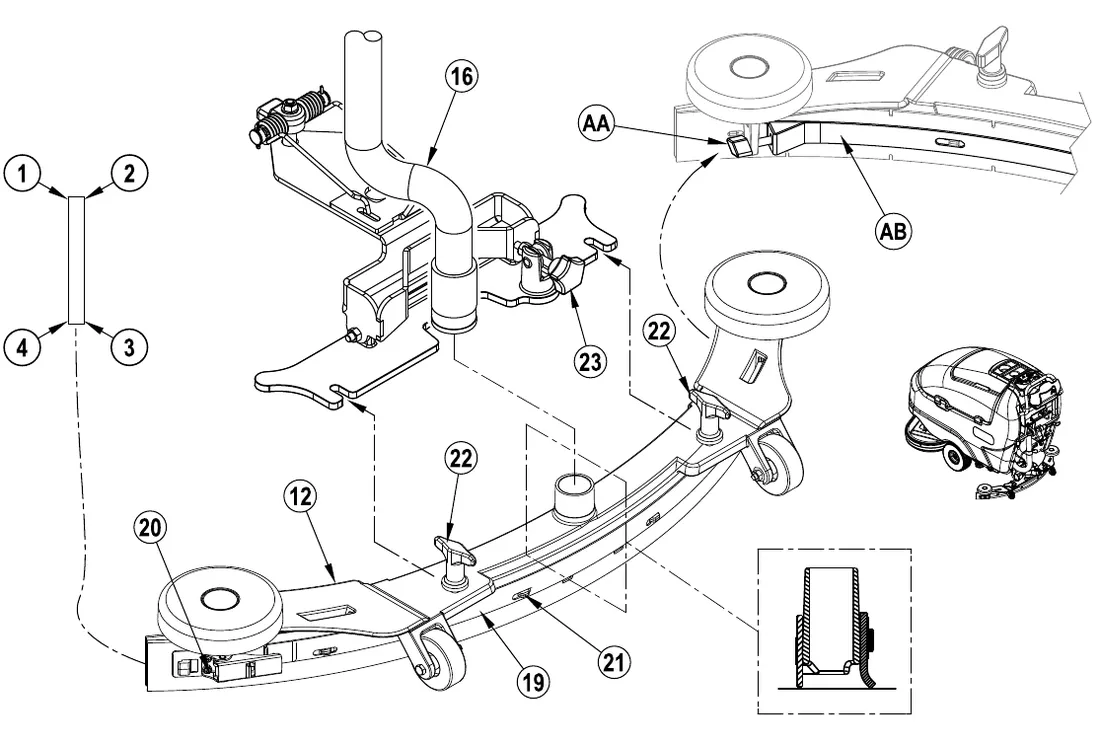 Exploded view of the squeegee tool (12) with recovery hose (16), adjustment knob (23), thumb nuts (22), rear blade latch (20), tension strap (19), alignment pins (21), front blade removal knob (AA) and tension strap (AB), and a blade with its four working edges numbered 1 to 4