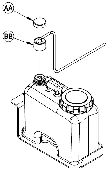 Detergent cartridge in its box with the cap (AA) lifted off the fill neck and the dry break cap (BB) with its barbed elbow above the neck