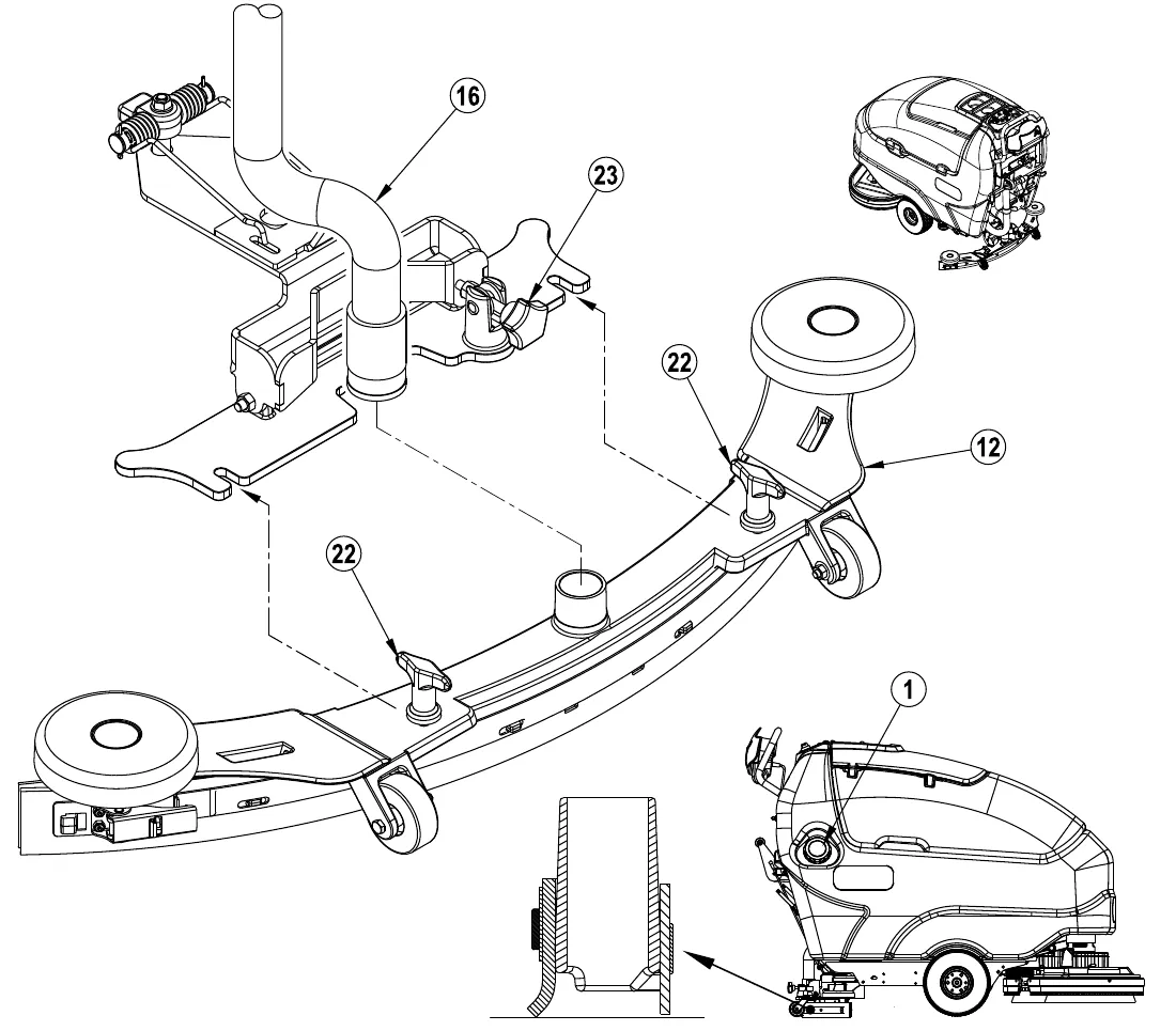 Exploded view of the squeegee assembly (12) sliding onto the squeegee mount bracket, with thumb nuts (22), recovery hose (16), adjustment knob (23), a cross-section of the hose inlet, and the machine showing the Solution Fill (1)