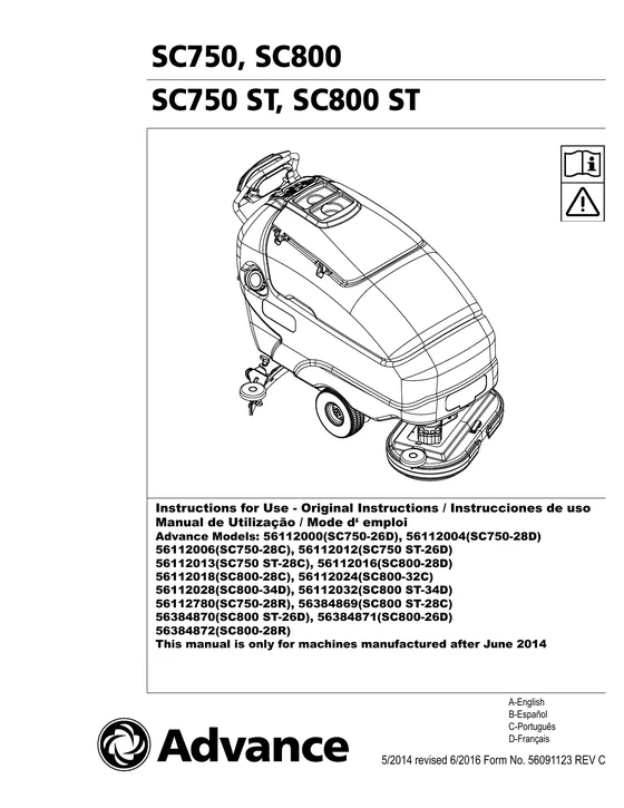 Advance SC750 / SC800 Operator Manual 56091123 Rev. 5/2014 revised 8/2017 REV D cover