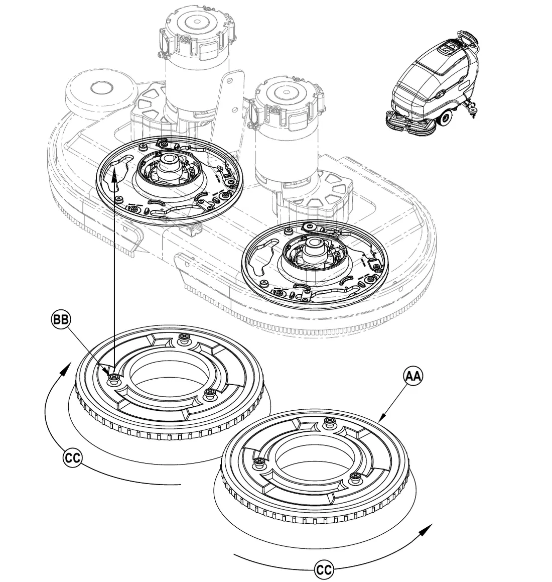 Exploded view of the disc scrub deck: two brushes (AA) below the deck line up with the mounting plates on the two brush motors, with lugs (BB) on the brush and curved arrows (CC) showing the turning direction to lock; a small inset shows the whole machine