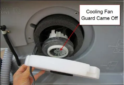 Vacuum motor with the cover removed and held below it, with an arrow from the label “Cooling Fan Guard Came Off” to the fan end of the motor