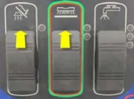 Three rocker switches (vacuum, scrub, solution) from left to right with yellow arrows: vacuum up, scrub up, solution no arrow