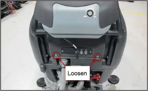Rear of the machine with the two lower cover mounting screws circled and marked Loosen