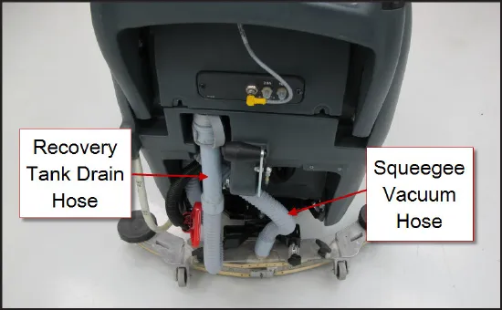 Rear of the machine with arrows from the labels “Recovery Tank Drain Hose” and “Squeegee Vacuum Hose” to the two hoses