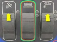 Three rocker switches (vacuum, scrub, solution) from left to right with yellow arrows: vacuum up, scrub no arrow, solution up