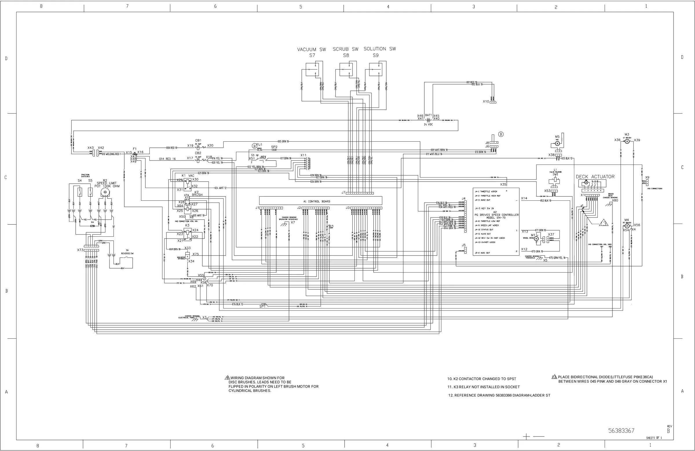 Framed wiring harness configuration diagram, drawing 56383367 Rev B, for late ST machines, with the vacuum, scrub and solution switches S7, S8 and S9 at the top, grid letters and numbers around the border and notes at the bottom